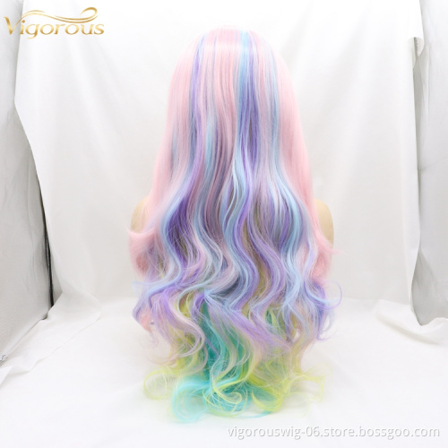 Vigorous Lace Synthetic Wig Long Straight Rainbow Color Full Wig for Cosplay Girls Party or Daily Use